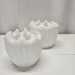 Vintage MCM Pinched Ruffled Rim White Milk Glass Ribbed Vase Planter Pot Set